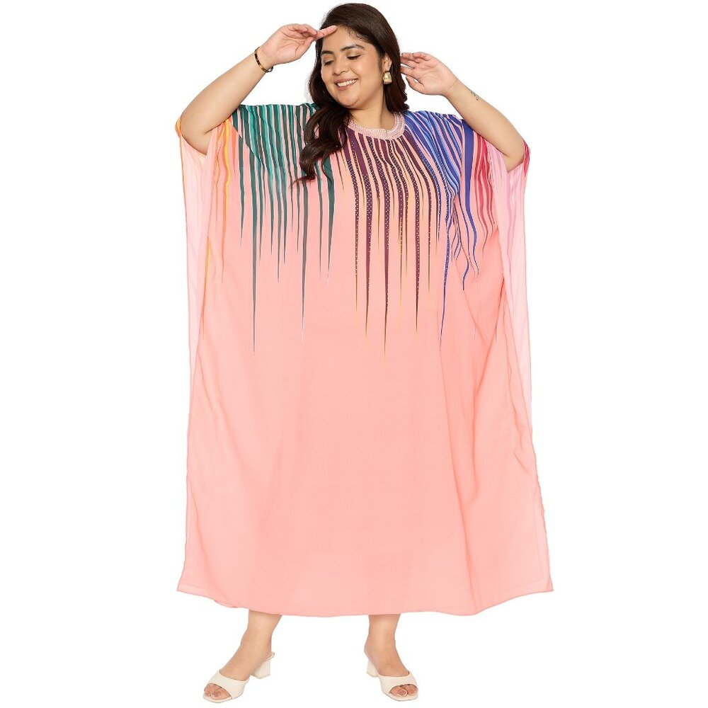 Women Georgette Kaftan Dress with Rhinestone Round Neck Printed Maxi Dresses